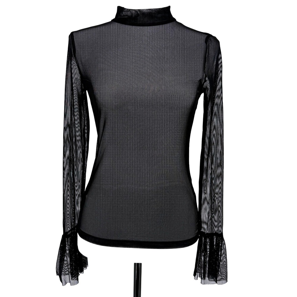 Forever 21 Black Mesh Sheer Mock Neck Flare Sleeve Top Size S Witchy Goth Dark